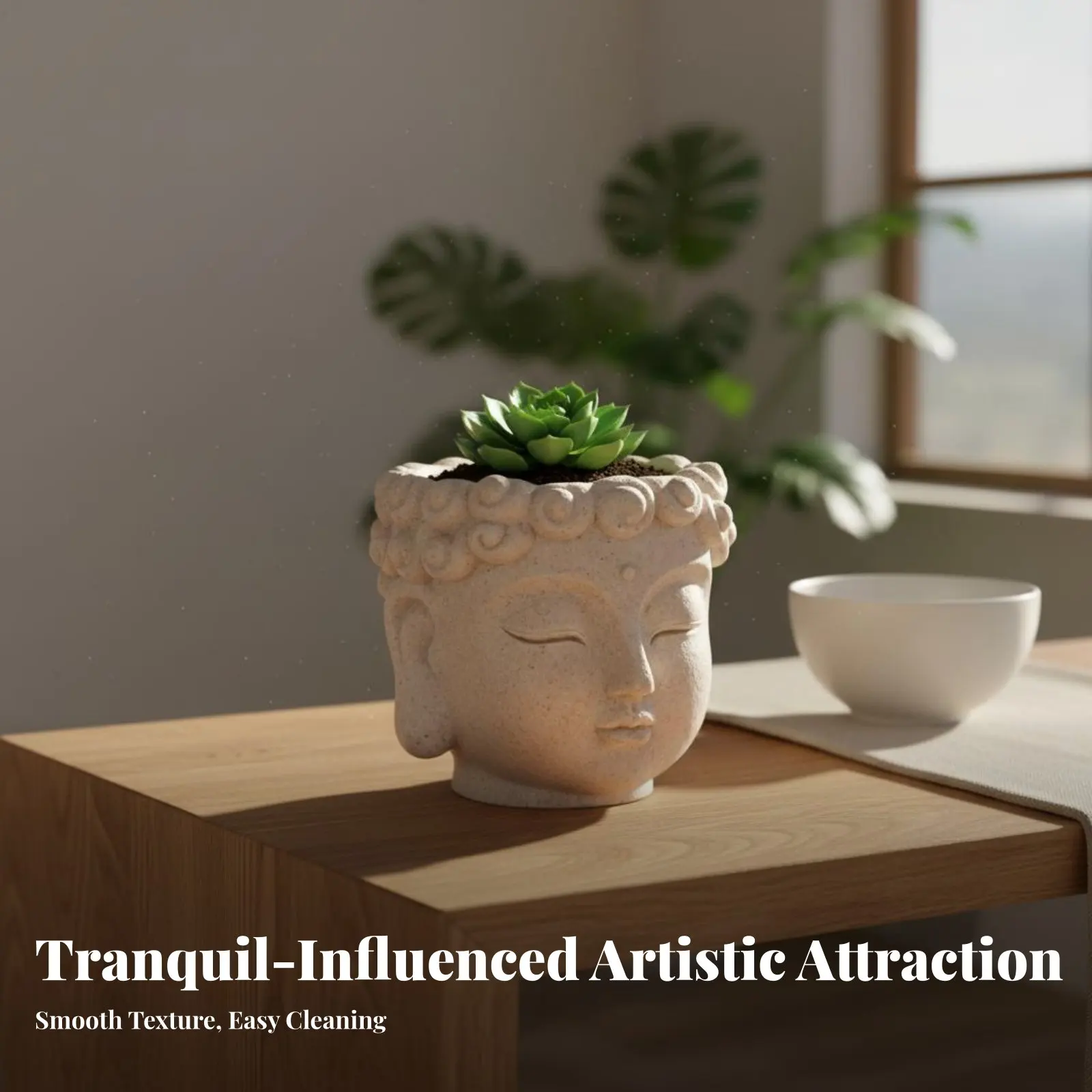 Pot de fleurs en résine en forme de tête de Bouddha, design créatif, pot à plantes avec visage serein, trou de drainage, décoration d'intérieur pour balcon