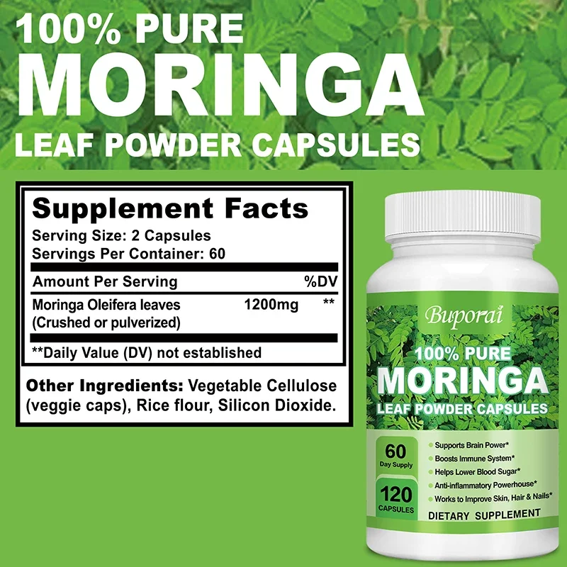 Moringa Capsules 1200mg - Supports Immune System, Metabolism, Energy & Brain Health