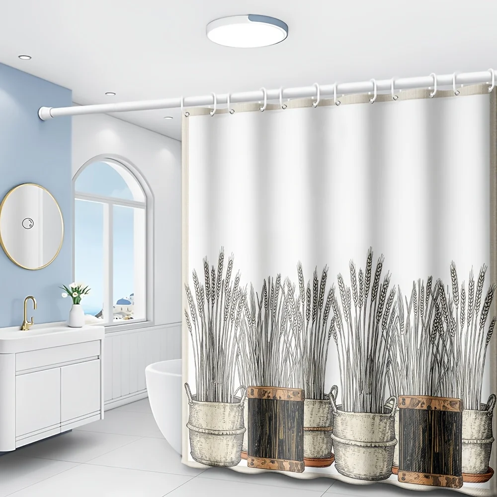 1pc Vintage Farmhouse Shower Curtain with Rustic Wood Plank & Wheat Sheaf Barrel Print - Machine Washable Fabric Suitable for Ho