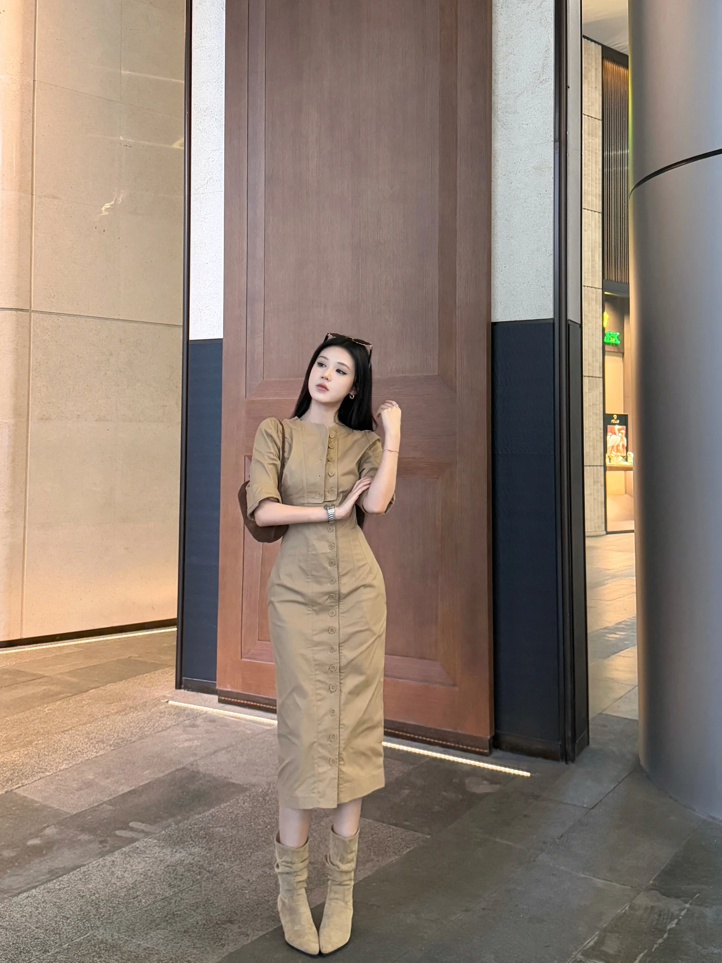 

Женское повседневное платье Buleng Slim Fit с воротником-стойкой на одной пуговице, длинное, осеннее, с рукавом 3/4