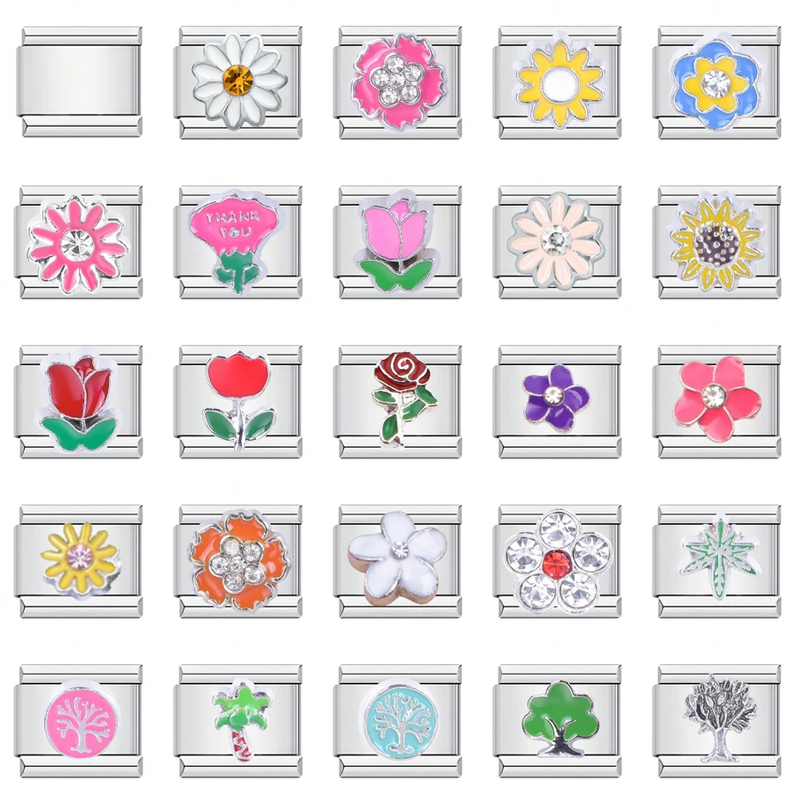 1PC DIY Stainless Steel Italian Charm Links Fit For 9mm Bracelets Women Men Jewelry Making Accessories Rose Flowers Tree Cactus