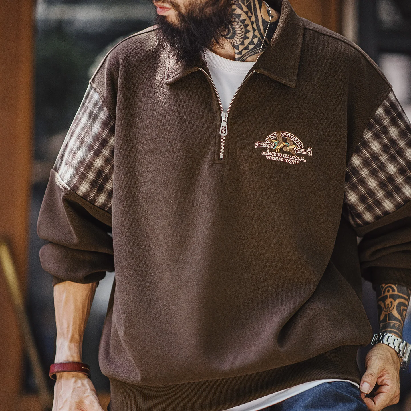 Maden Vintage Half-Zip Sweatshirt Men Brown American Casual Retro Color Block Embroidered Pullover Sweatshirt Outerwear Fall