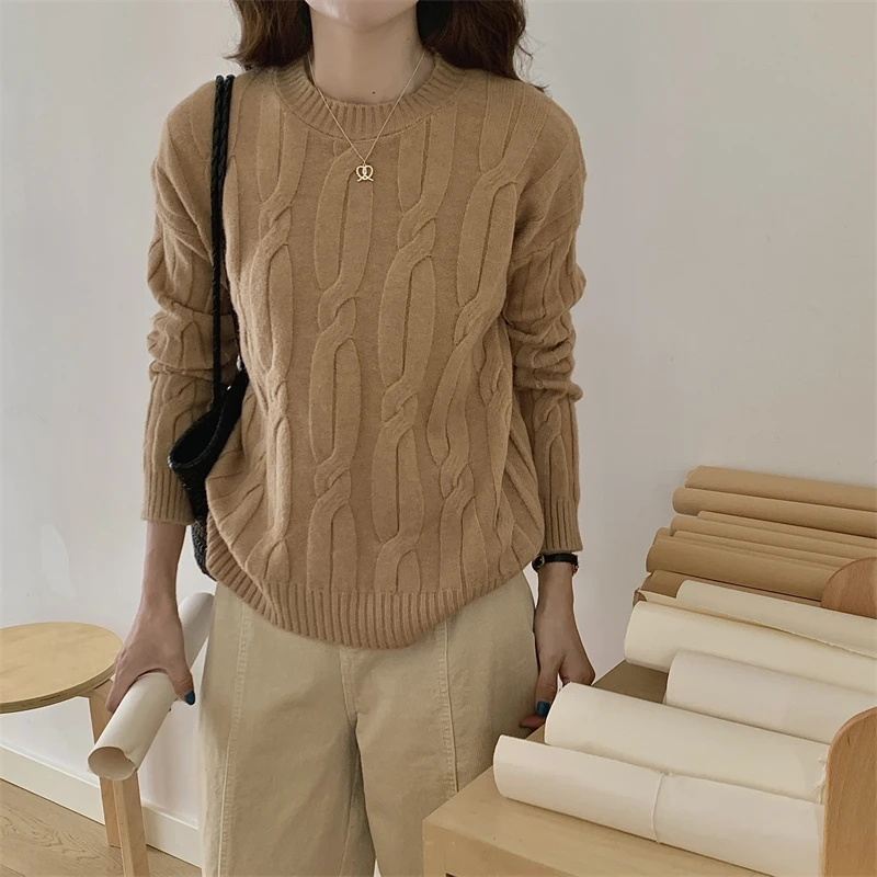 

REALEFT винтажные женские пуловеры, осень-зима, повседневные свободные свитера с длинными рукавами и круглым вырезом, вязаные топы, новинка 2023 года