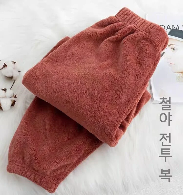 

Warm Coral Fleece Home Pants Women's Base Layer Outerwear Sleepwear Trendy High Waist Elastic Waist Winter Thickened Casual