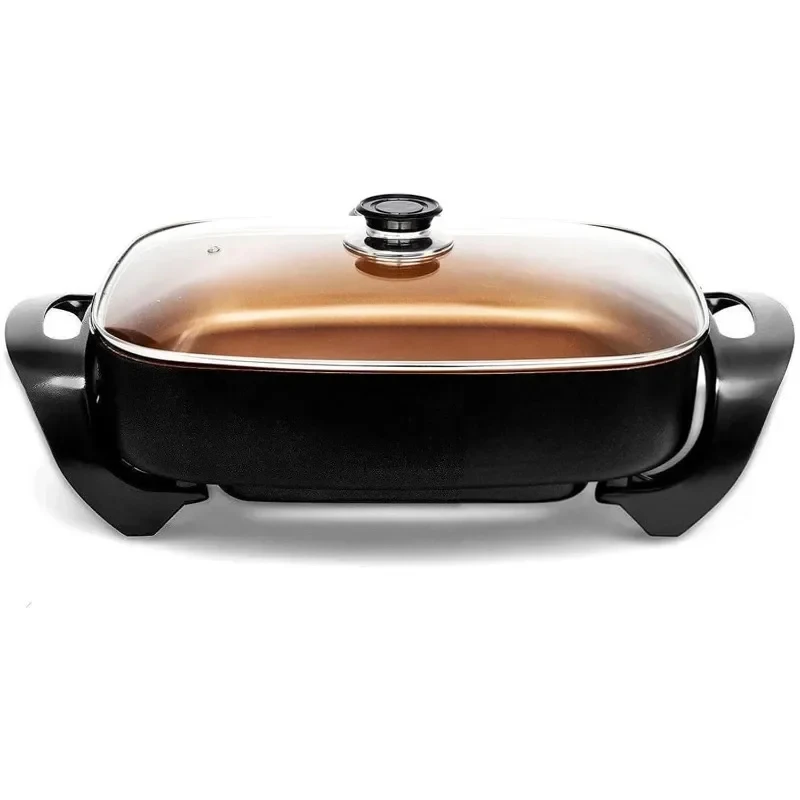 Caynel Professional Non-Stick Copper Electric Frying Pan Deep Pan with Tempered Glass Vented Lid, Upgraded Thermostat