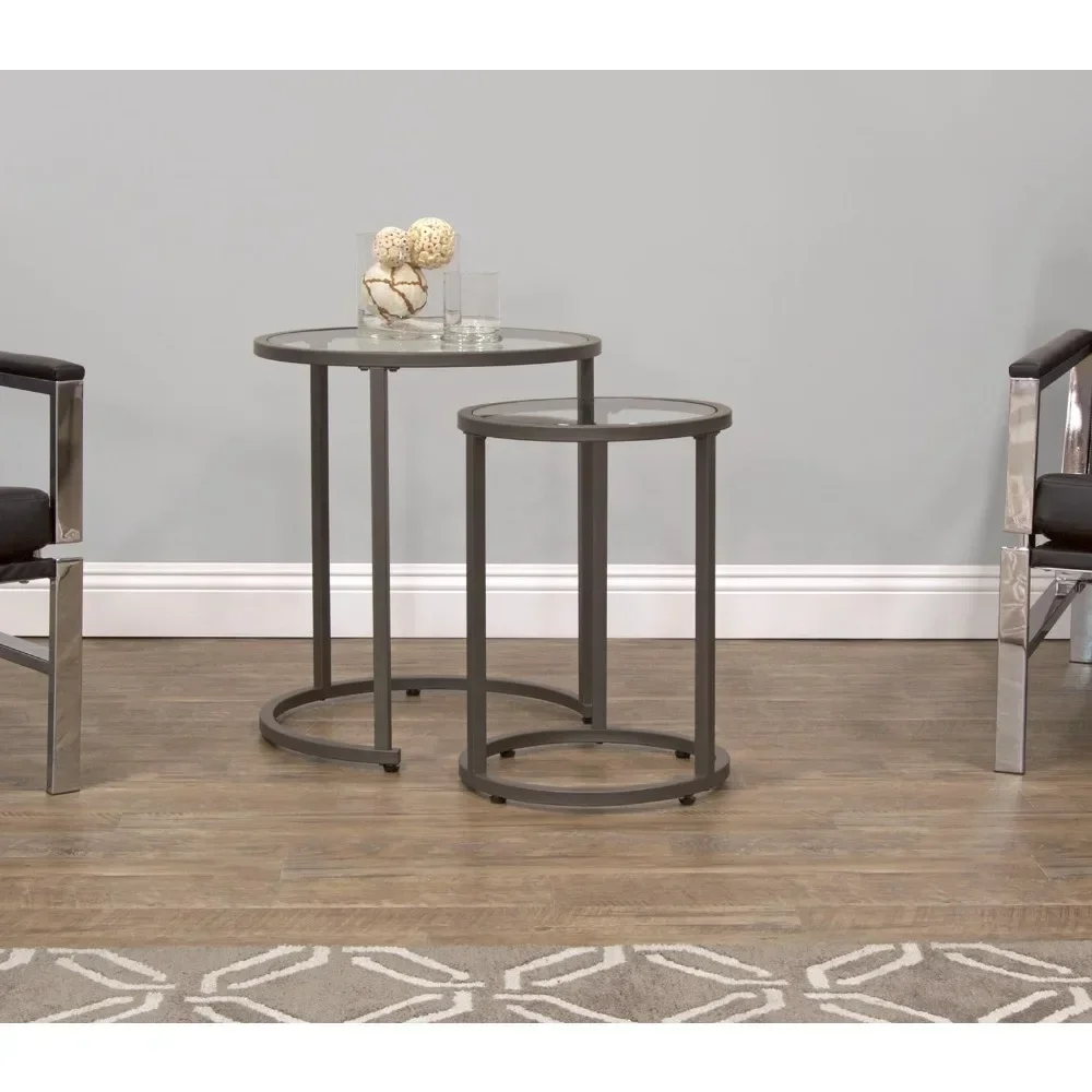 Coffee table, 19.75 inches compact space, metal frame and glass, end nesting table