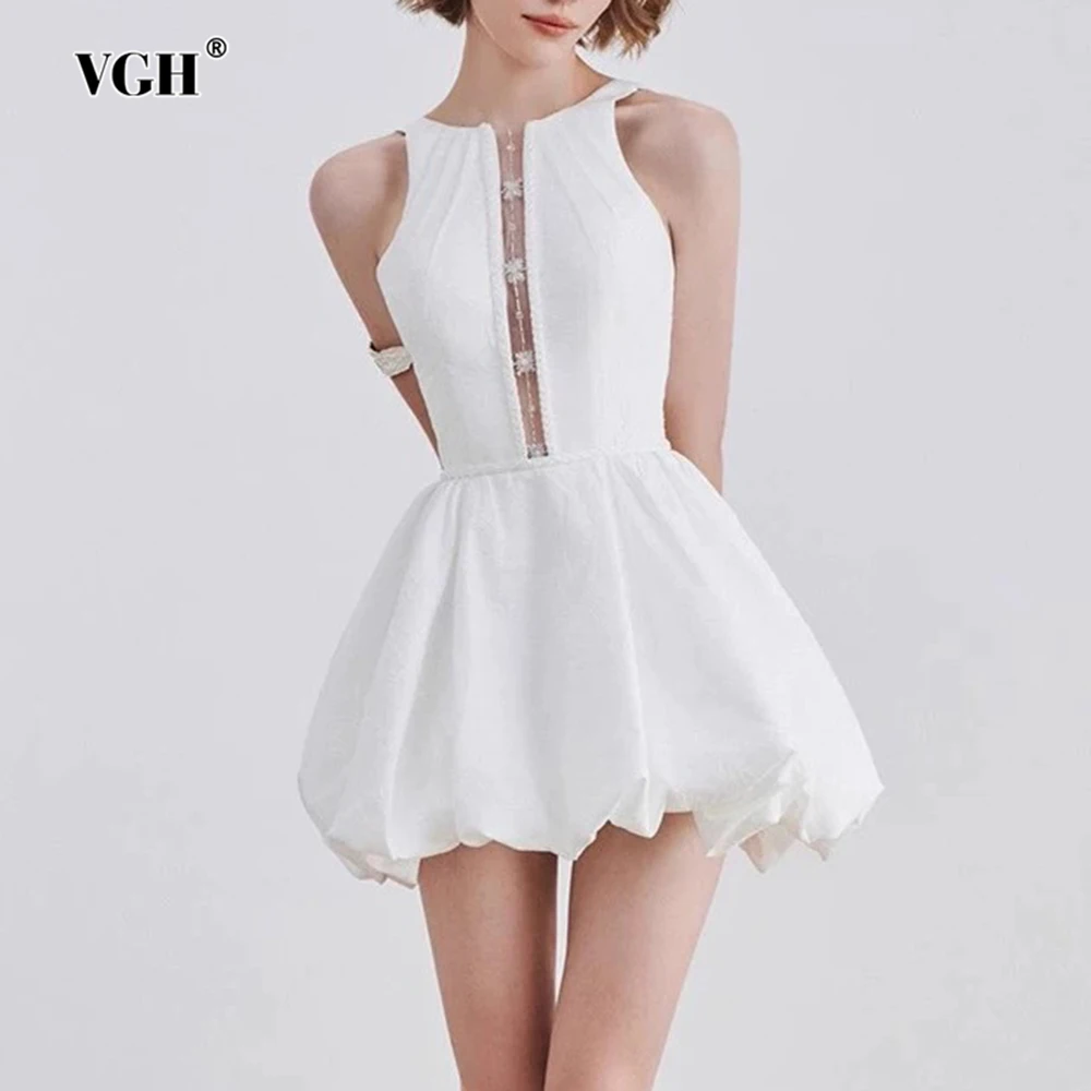 

VGH Cute Slimming Hollow Out Short Evening Dresses For Women Round Neck Sleeveless High Waist Elegant Dress Female Fashion New