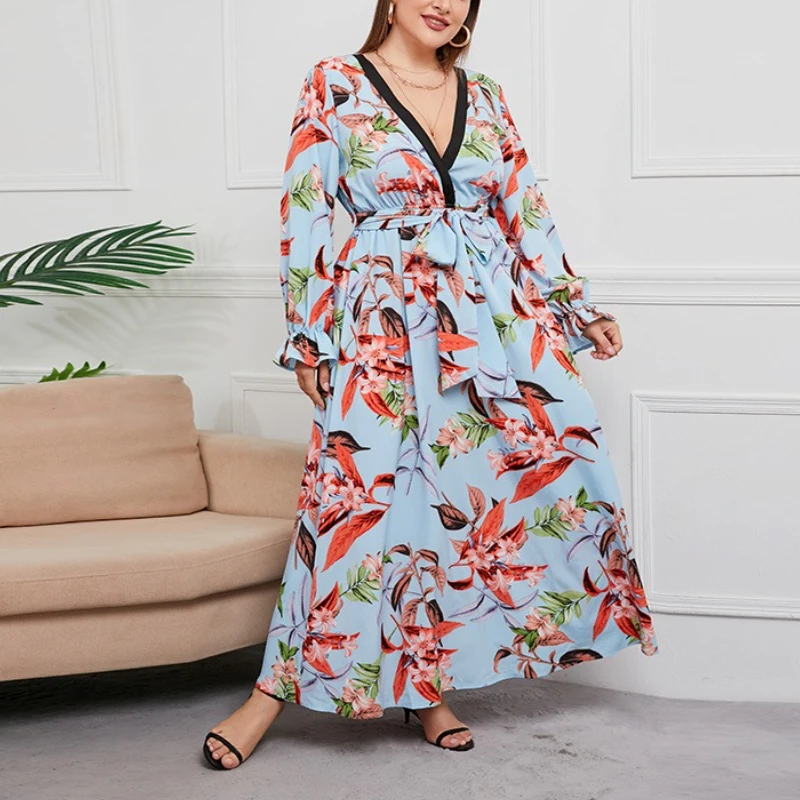 

Tinaa Женские длинные платья с принтом 2022, весна-осень, миди размера плюс, расклешенные рукава, шнуровка на талии, глубокий v-образный вырез, элегантное платье трапециевидной формы