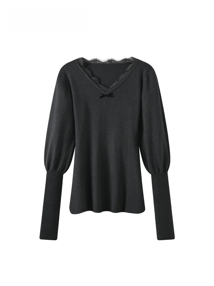 

Large Size Lace V-Ne Base irt Women's Autumn Winter New Sle Fat Sister Anti-Aging Splicing Inner Trendy Knitted Top