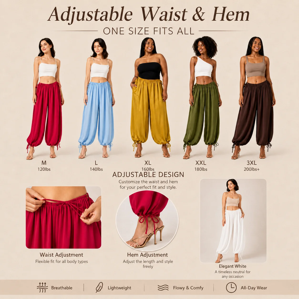 Women Harem Pants High Waist Drawstring Loose Wide Leg Trousers Adjustable Hem Casual Boho Summer Lounge Pants
