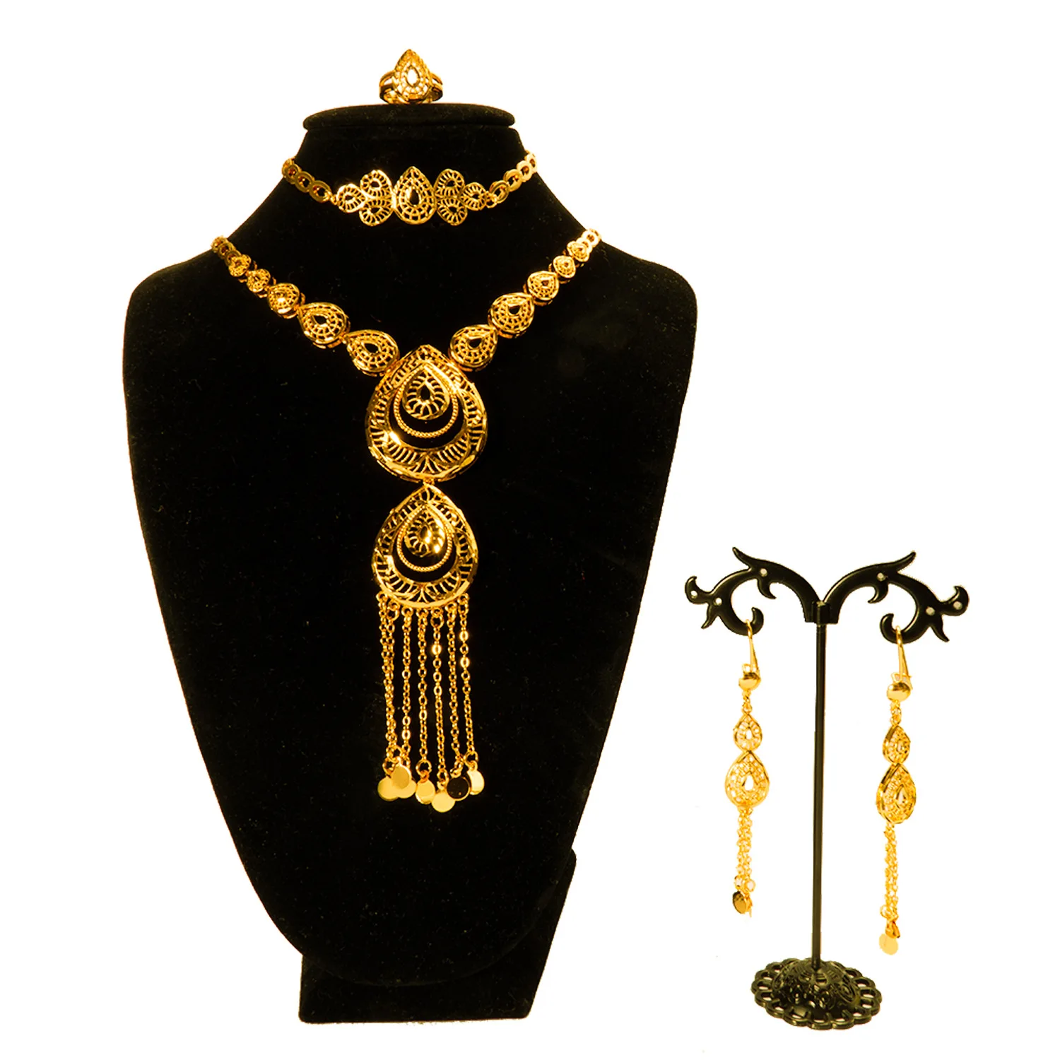 9999 gold four-piece set of Indian Dubai jewelry - necklace, bracelet, ring, earrings - bridal wedding grand jewelry
