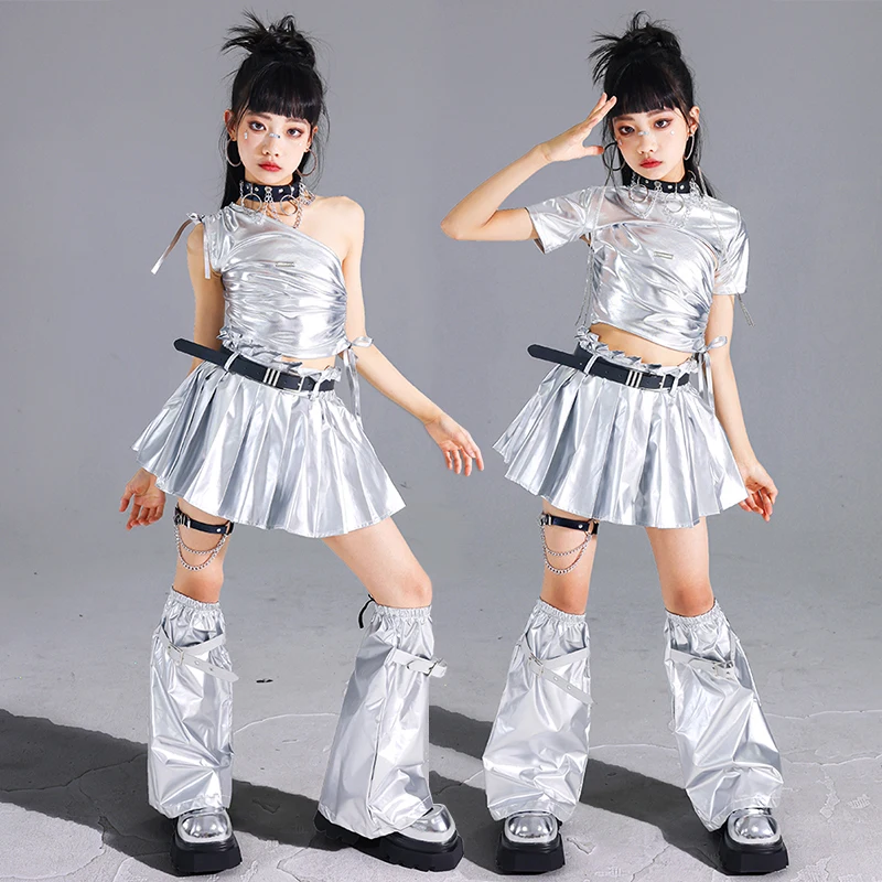 

New Jazz Kpop Dance Costume Girls Silver Crop Top Pleated Skirt Set Fashion Runways Show Outfit Kids Street Cool Streetwear 2011