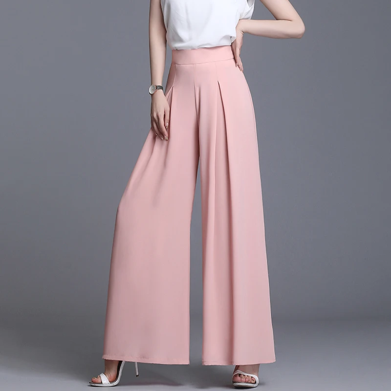 Women Casual Loose Chiffon Wide Leg Pants Summer High Waist Wide Leg Trousers Women Vintage Pleated Black Long Pants