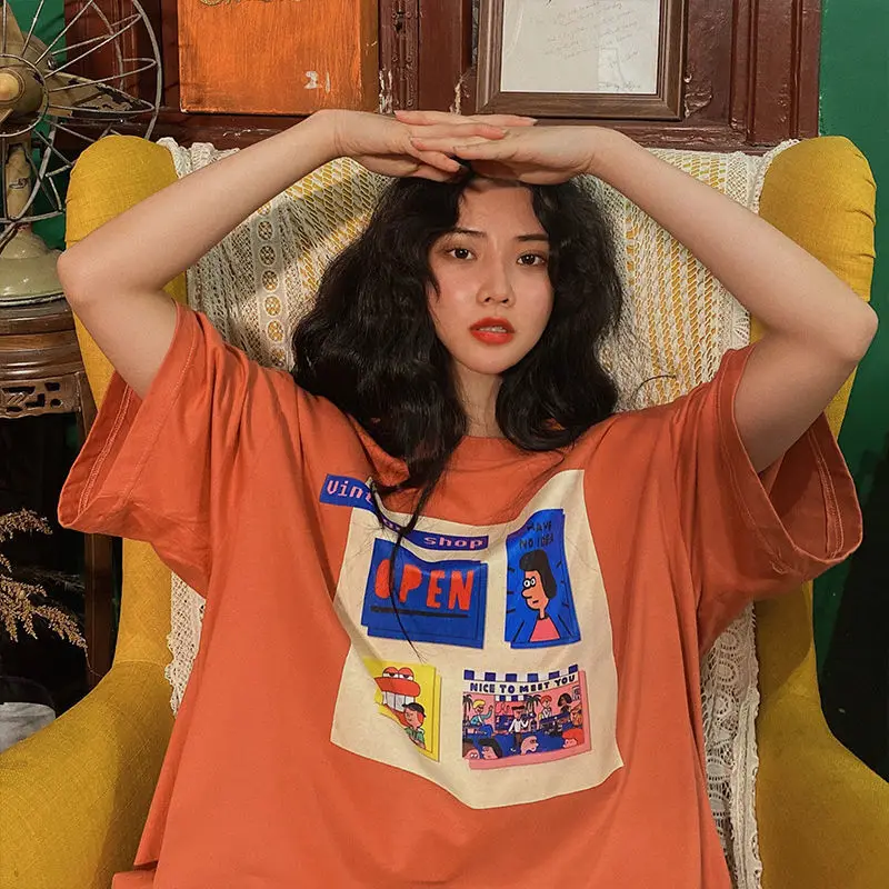 

240g heavyweight retro printed short sleeved T shirt for women 2024 summer new Korean version student versatile loose top trendy