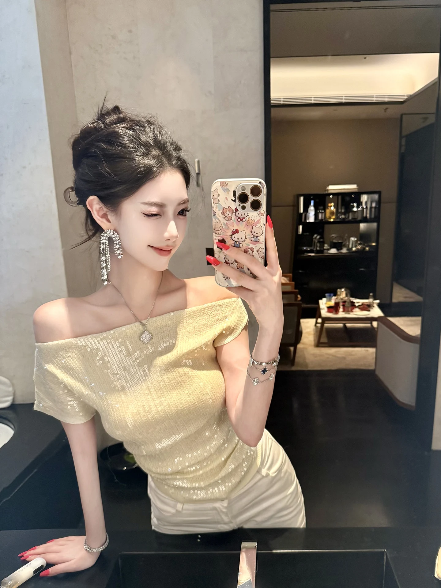 

Женский топ J Studio: повседневная облегающая футболка на одно плечо с блестками, универсальная, для города, модная, элегантная