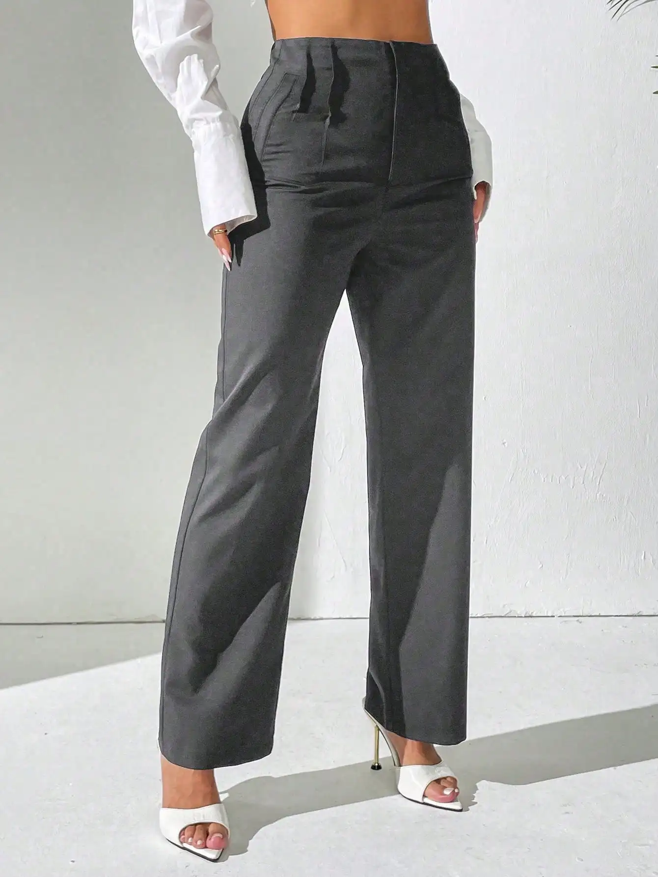 

Women High Waist Straight Leg Trousers Solid Color Casual Pants