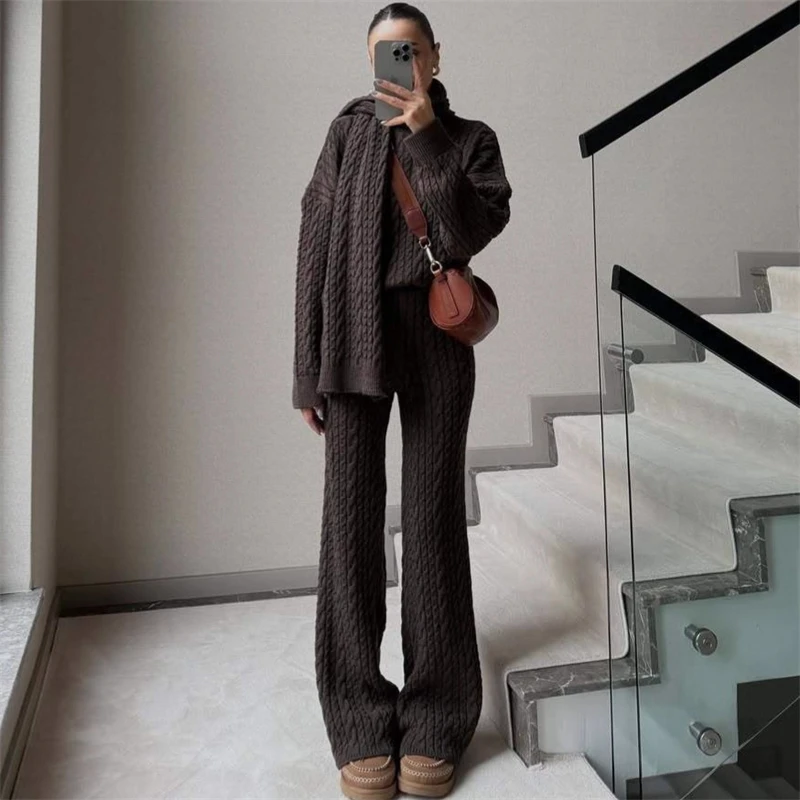 تريكو سترة 2 قطعة مجموعة السراويل النسائية وتتسابق للنساء الياقة المدورة مضلع فضفاض البلوز ومجموعات السراويل واسعة الساق