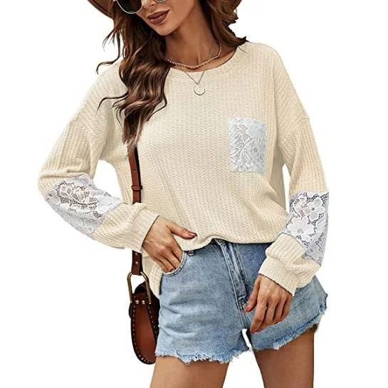 

Lace Patchwork Knit Sweater Women's Loose Fit Long Sve Princ Sve Color T-irt Polyester Fiber 00%