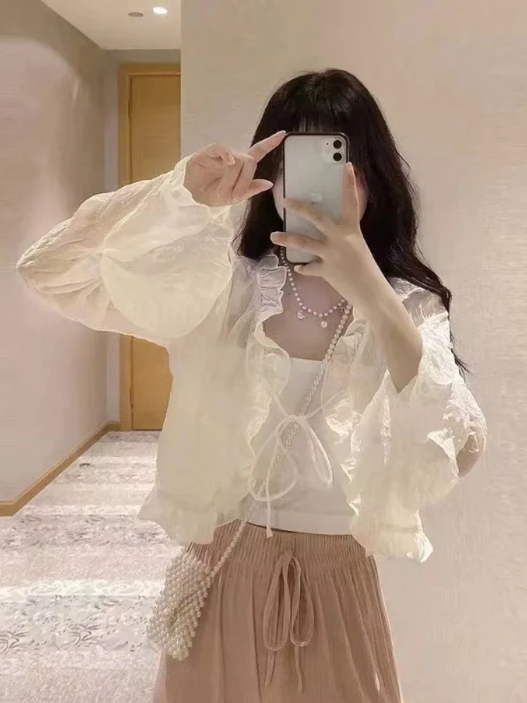 New 2026 Chiffon Cardigan Women Style Summer Office Lady Ruffles Solid Flare Sleeve Lace-up Short Tops Female