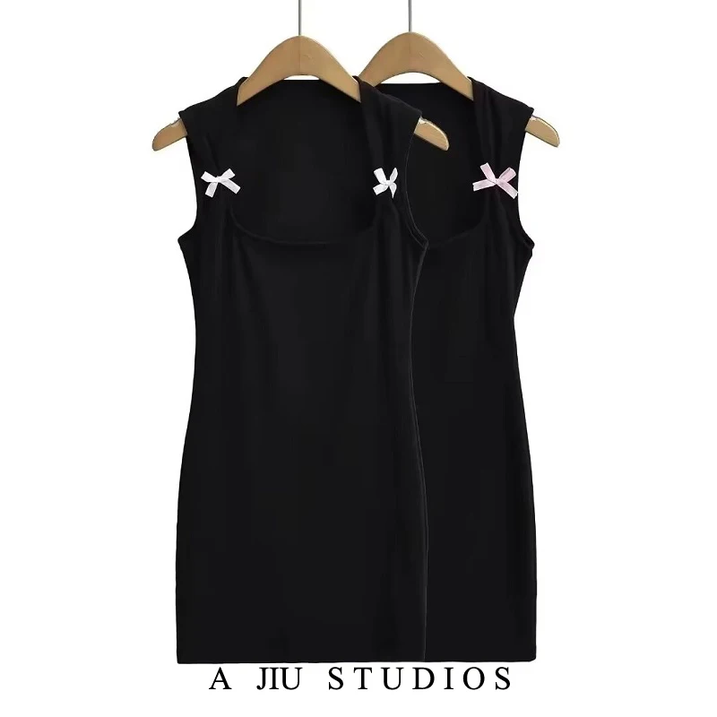 

American Sle Hot Girl Розовый бант Bla Квадратный воротник Slim Fit Svel Dr Женская летняя юбка Sweet Spicy Sle