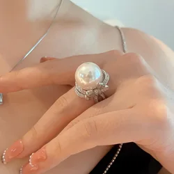 2023 New Pearl Adjustable Natural Freshwater Pearl Original 925 Sterling Silver Zircon Women's Ring Fine Bridal Princess Jewelry