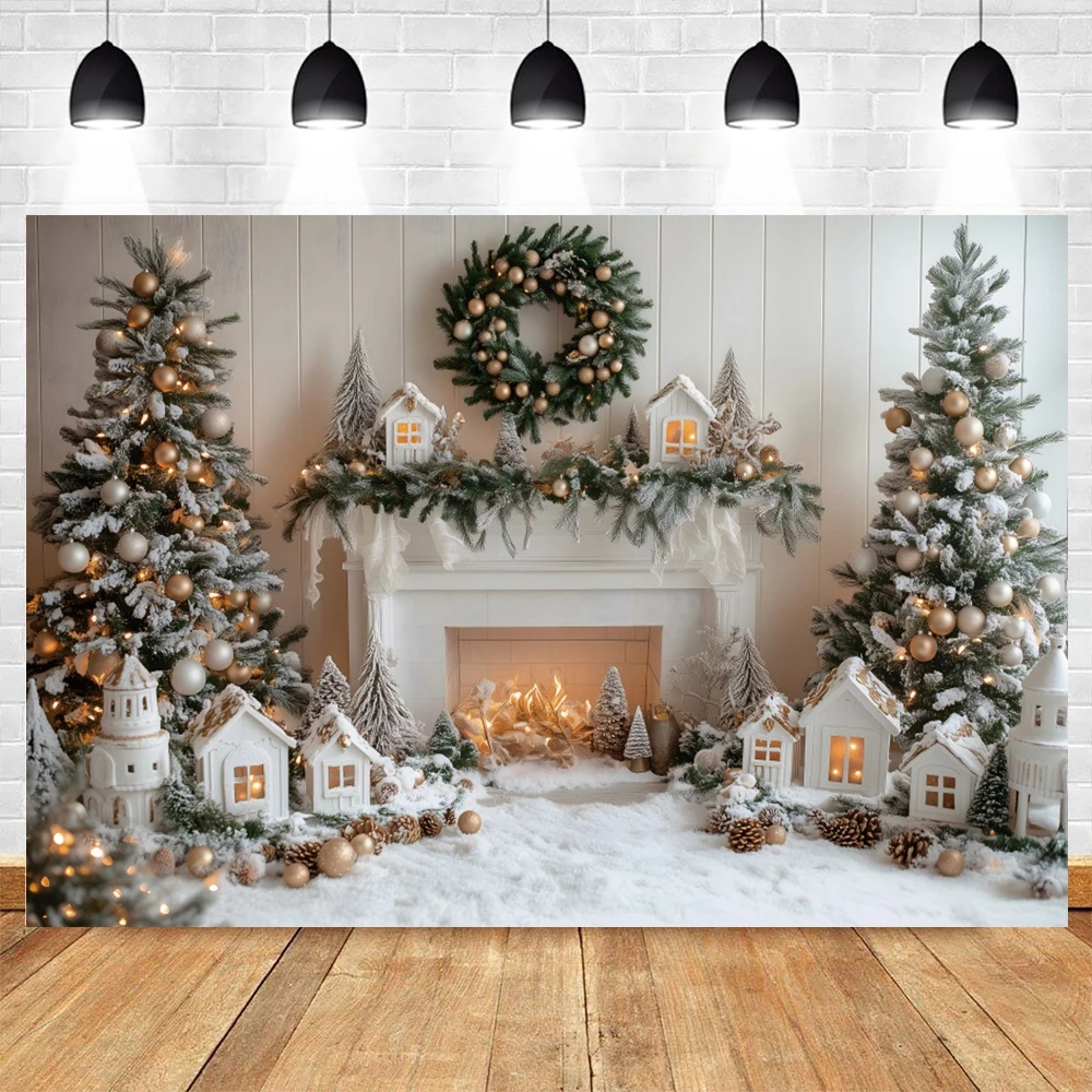 Merry Christmas Burning Fireplace Backdrop Photography Xmas Tree Baby Photo Photographic Family Party Background Photo Studio