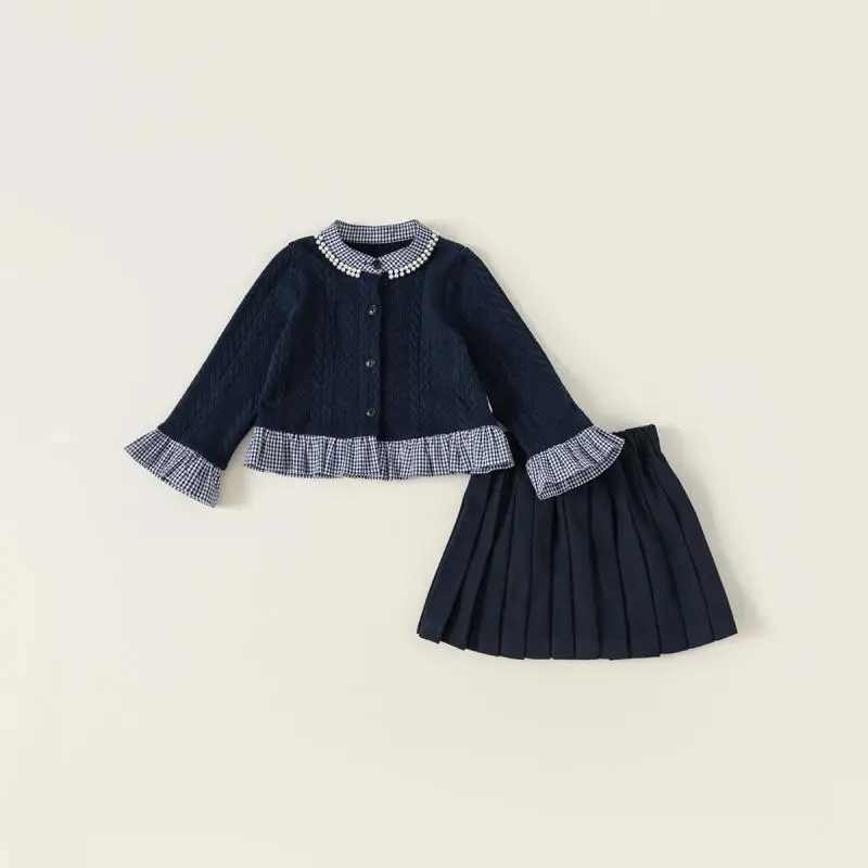 2024 Children Clothes Spring  Autumn Baby Girls Two Piece Set Patchwork Long Sleeve Knitted Cardigan Solid Fashion Pleated Skirt