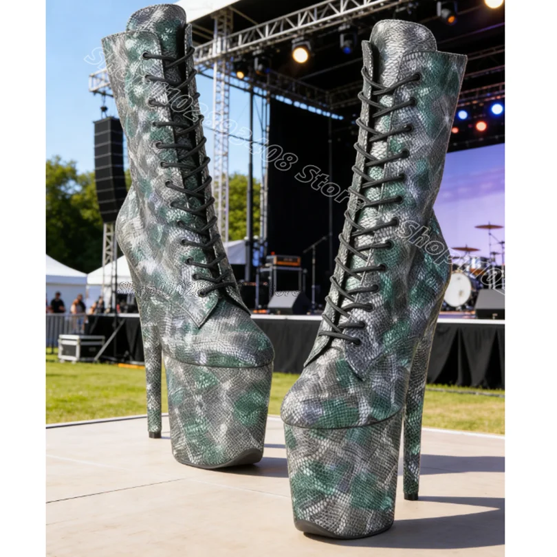 

Glitter Snakeskin Platform Boots Stiletto Side Zipper Lace up Performance Women Party Dancing Short Boots Zapatos Para Mujere