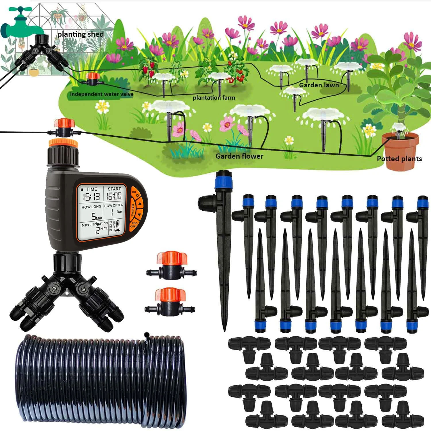 

2025Drip Irrigation System Kit with Water Timer Hose Fountain Spray, Automatic Watering System for Patio Lawn Garden Hose