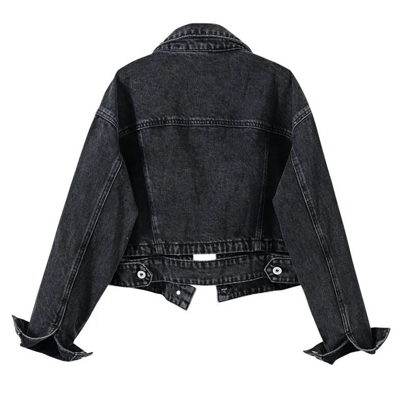 Women's Trendy Streetwear Spring Autumn New Black Short Denim Coat Female Vintage High Waist Long Sleeve Jean Outerwear