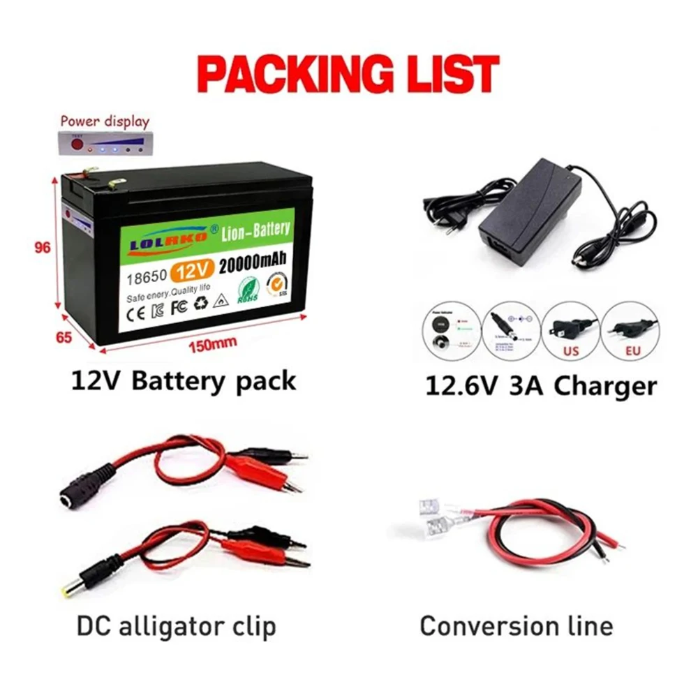 12V 20Ah 20000mAh 18650 lithium battery 30A sprayer built-in high current BMS electric vehicle battery +12.6V charger