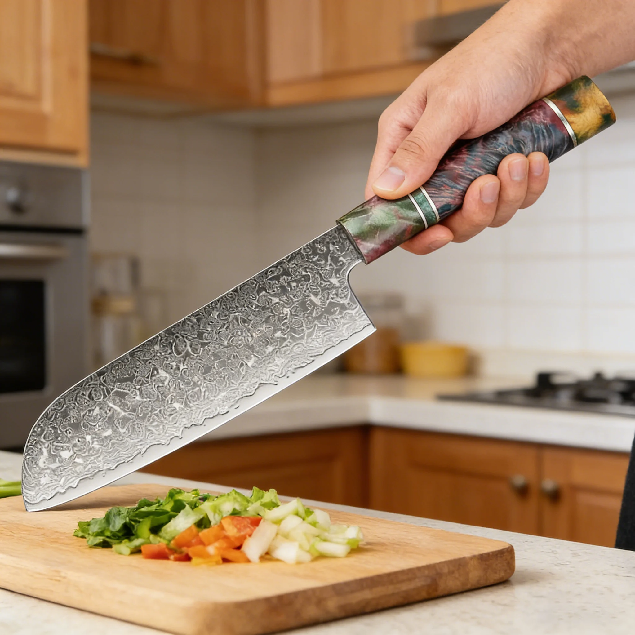 Японский нож Сантоку XITUO, 7 дюймов, дамасская сталь VG-10, острый кухонный нож с эргономичной деревянной ручкой для приготовления пищи, нарезки и измельчения.