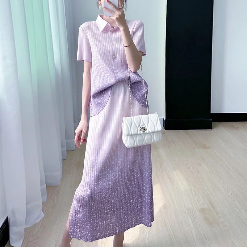 

Miyake Fold Suit Women's Summer New Gradual Change Printed Lapel Short Sleeve Everything Matching Cardigan + Skirt Two-Piece Set