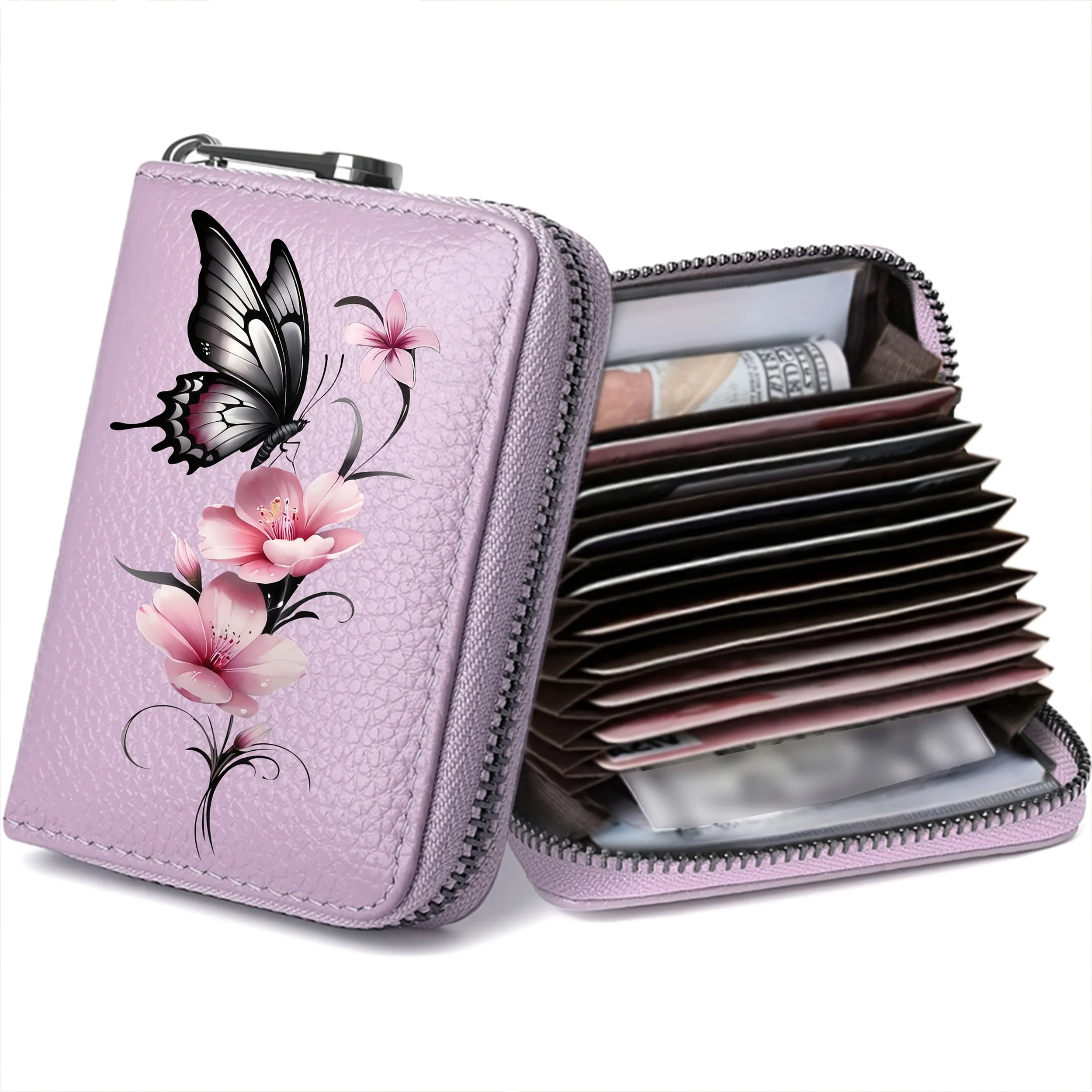 2D Butterfly and rose flower Leather Pattern Card Bag, PU Leather Zipper Anti-theft Wallet, Multi Slot Accordion Style Card Clip