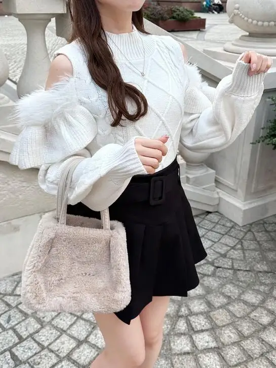 Spring New Japanese Sweet Turtleneck Plush Off-the-shoulder Ruffle Edge Rhombus Knitted Sweater Womens Casual Short Knitwear Top