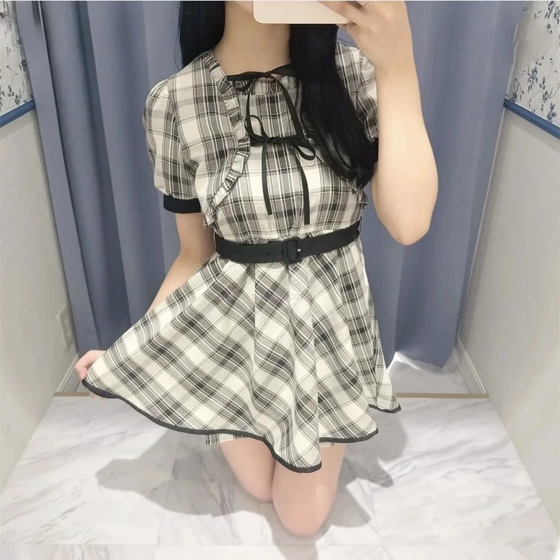 

Японские оригинальные милые платья для девочек, клетчатое облегающее платье с высокой талией и короткими рукавами, внутренние антилегкие брюки-кюлоты