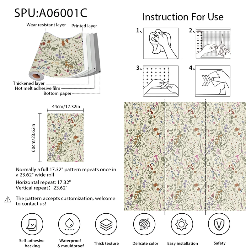 Retro Wallpaper Yellow Flower Self-Adhesive Home Decoration Multiple Sizes Waterproof Wallpapers PVC Furniture Cabinet Sticker