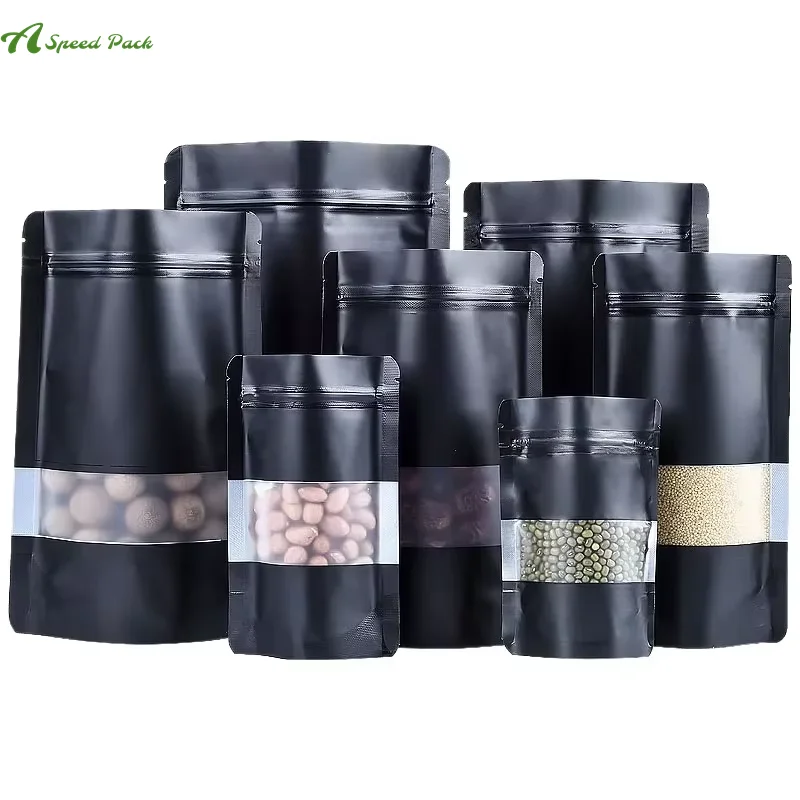 Matte Black Front Frosted Window Stand Up Ziplock Mylar Coffee Tea Dry Nut Food Packaging Custom Digital Printing Bag