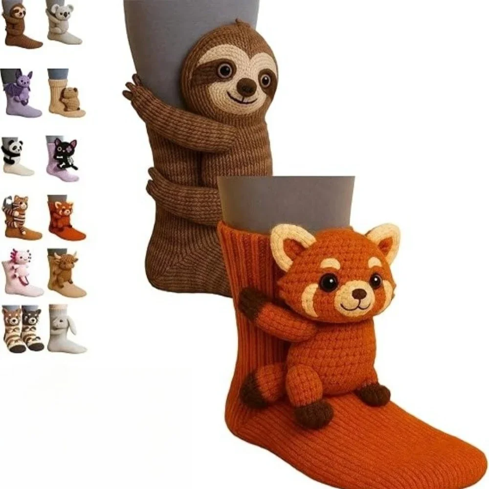 3D Cartoon Animal Hugging Socks, Cute Knit Sloth Panda Red Panda Socks, Funny Novelty Warm Crew Socks for Women Gift
