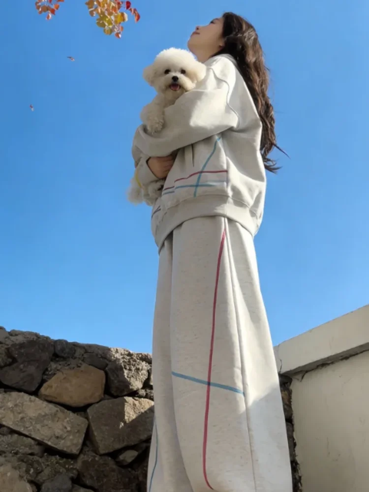 Ensemble de vêtements de sport à capuche imprimé fil irrégulier coloré, manches longues, ample, deux pièces, pour hommes et femmes, décontracté, automne hiver