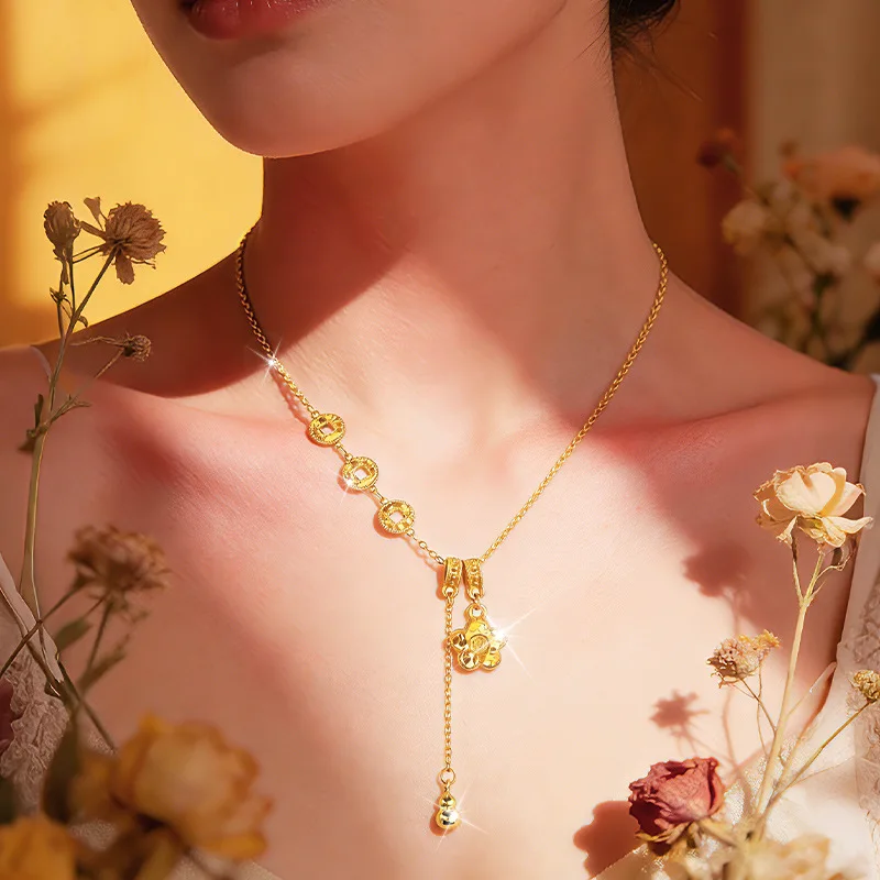 

Женское колье-цепочка на ключицы с медными монетами, измельченным льдом и цветочным мотивом, легкая роскошь, высококачественное, из настоящего золота 9999 пробы 24K, с подвеской-тыквой и кисточкой