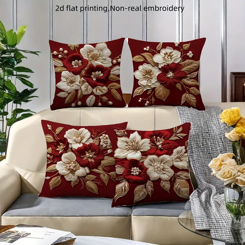 1/4pcs Red Floral Embroidered Pillowcases with 2d Flat Printing and Non-real Embroidery Sofa cushion cover home room decoration