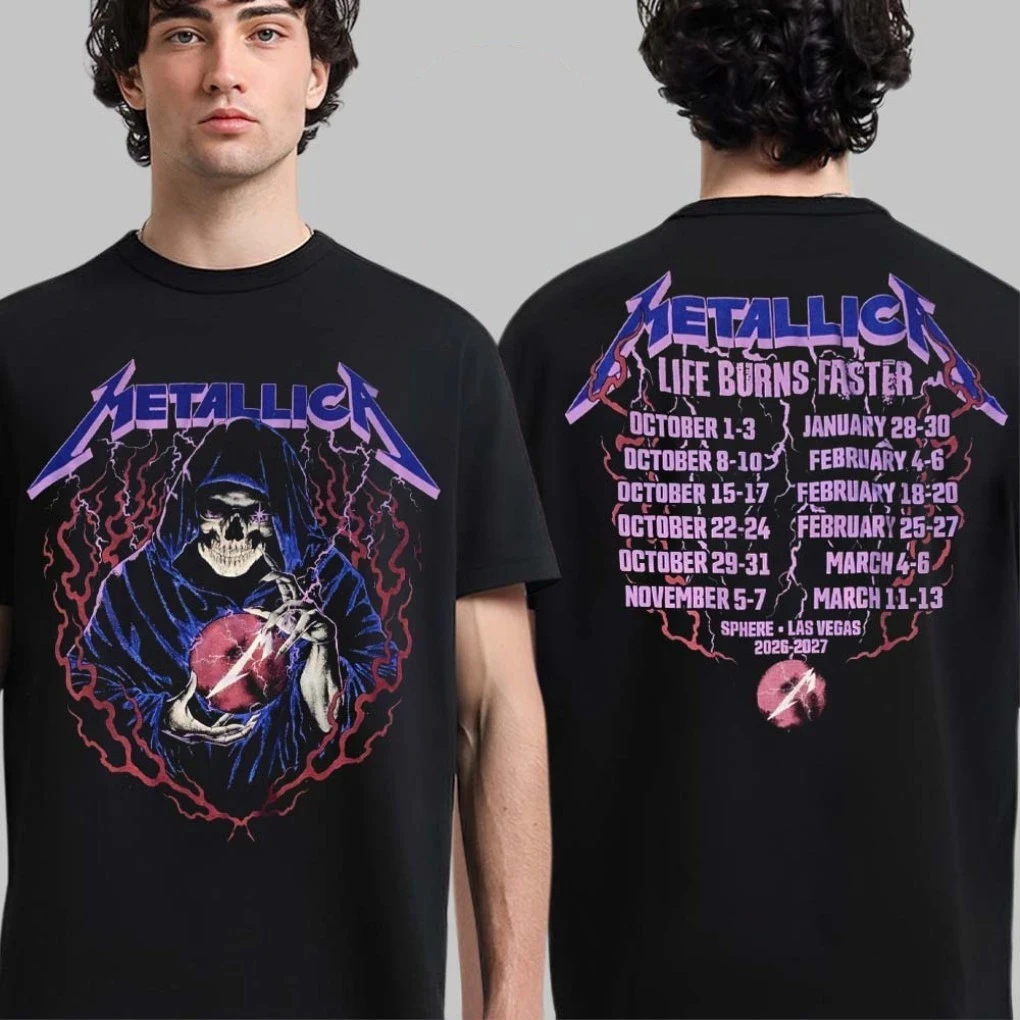 Metallica Las Vegas Sphere Tour 2026-2027 Double Sided T Shirt Life Burns Faster Cthulhu Graphic Unisex Rock Band Short Sleeve