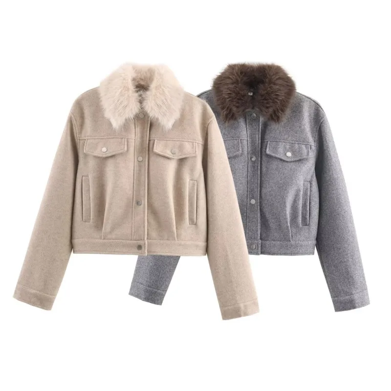 

Women Coat With Fur Collar Jacket Autumn Winter Long Sleeve Pocket Casual Jackets Fashion Minimalist Chic Female Tops