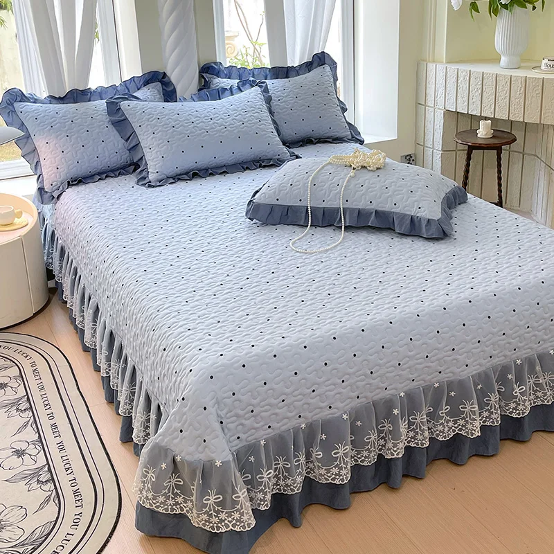 1 colcha acolchada para camas, funda de cama individual/Queen/King con encaje, ropa de cama, colchón doble con volantes