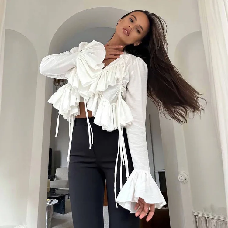 

2026 Fashion White Slim Blouses For Women Elegant V-Neck Long Sleeve Ruffled Blouse Summer Lace-Up Pleated Crop Top Streetwear
