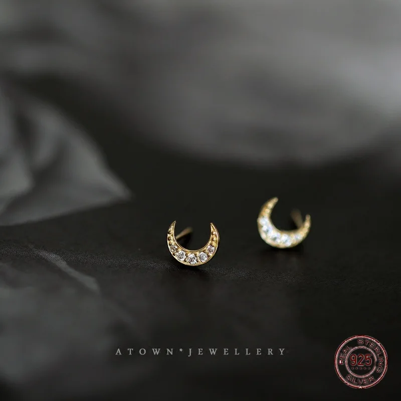 S925 Sterling Silver Moon Crescent Stud Earrings for Women Wedding Mini Cute Zircon Earring Korean Fashion Jewelry Gifts