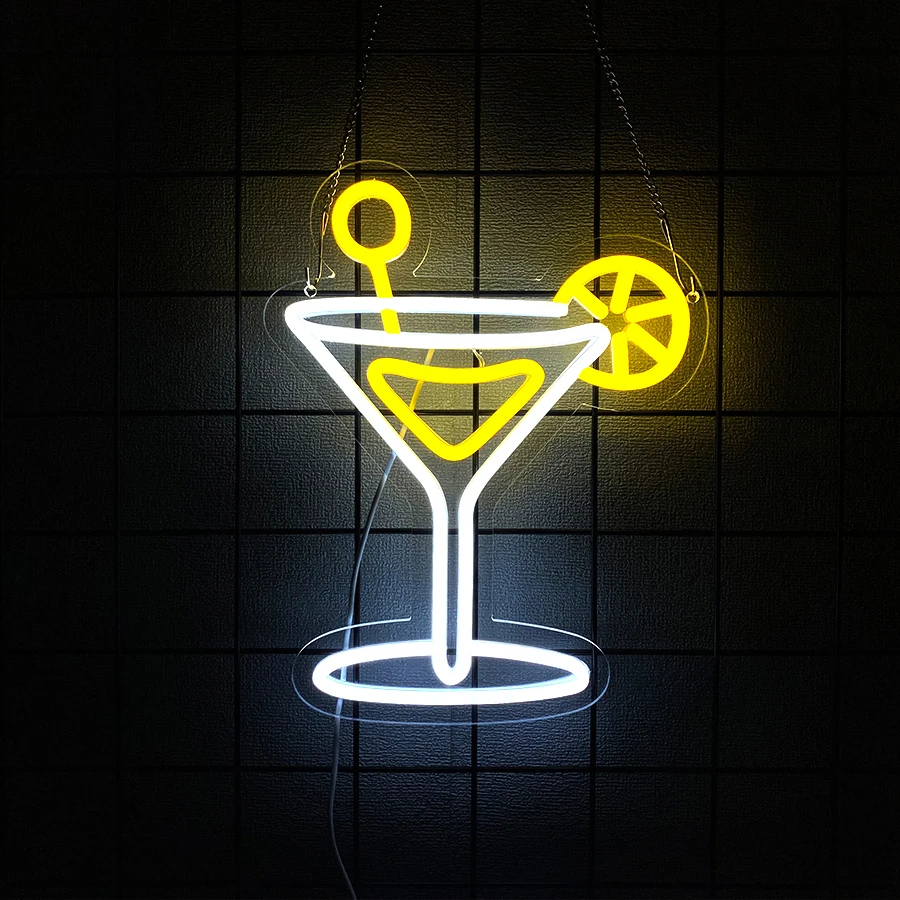 White Yellow Martini Cocktail Neon Sign, USB LED Bar Decor with Switch for Home Bar Pub Birthday Wedding Party Bar Cart Gift