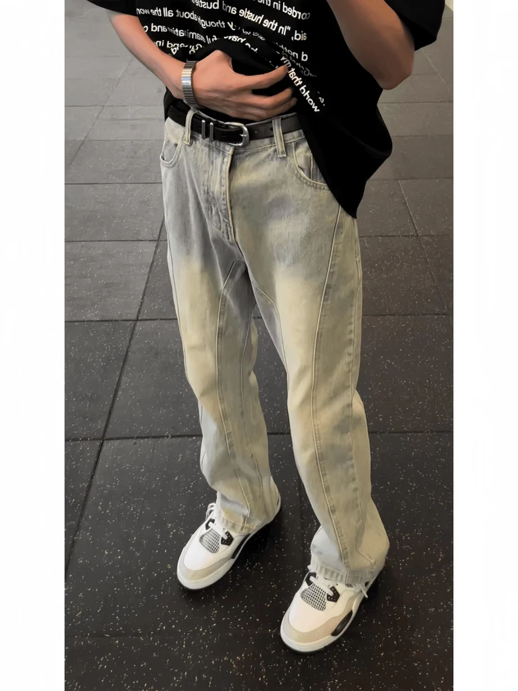 American High Street Vibe Men's Spring Autumn Workwear Jeans Straight Leg Micro Flare Long Trousers Retro Blue Denim Patchwork