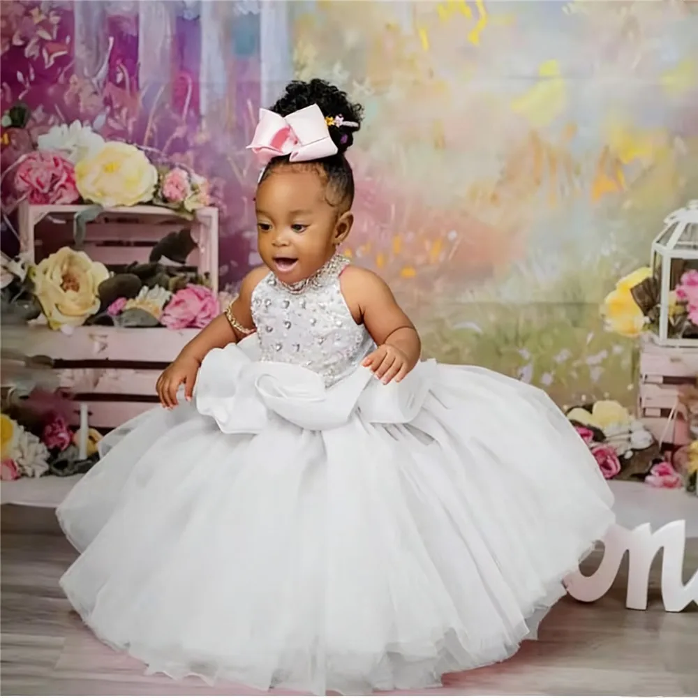 Robe de mariée de luxe rose à fleurs pour filles, sans manches, à paillettes, pour petite fille, soirée d'anniversaire, robe de sainte Communion personnalisée